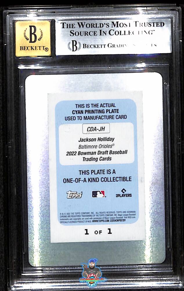 Back of 2022 Bowman Draft Chrome Autograph Printing Plate Cyan Jackson Holliday #CDAJH /1