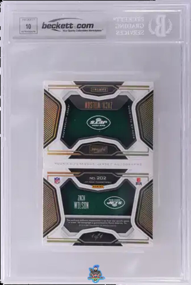 Back of 2021 Panini Playbook Rookies Playbook Jersey Autograph Nike Swoosh Zach Wilson #202 /1