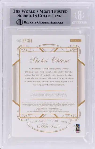 Back of 2018 Panini Flawless Shohei Ohtani Rookie Patch Ruby