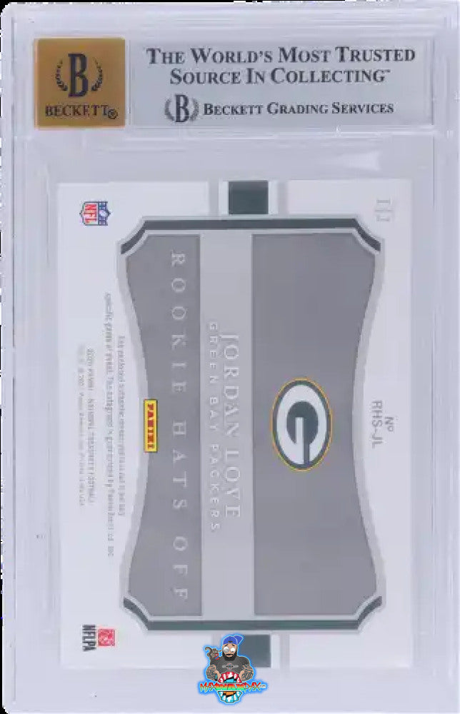 Back of 2020 National Treasures Rookie Hats Off Signatures NFL Shield Laundry Tag Jordan Love #4 /2