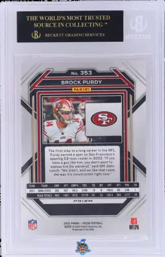 Back of 2022 Panini Prizm Red White and Blue Prizm Brock Purdy #353
