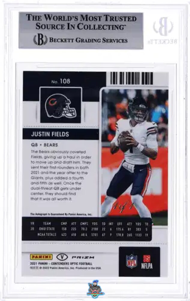 Back of 2021 Panini Contenders Optic White Jersey Variation Rookie Ticket Autograph Gold Vinyl Justin Fields #108 /1