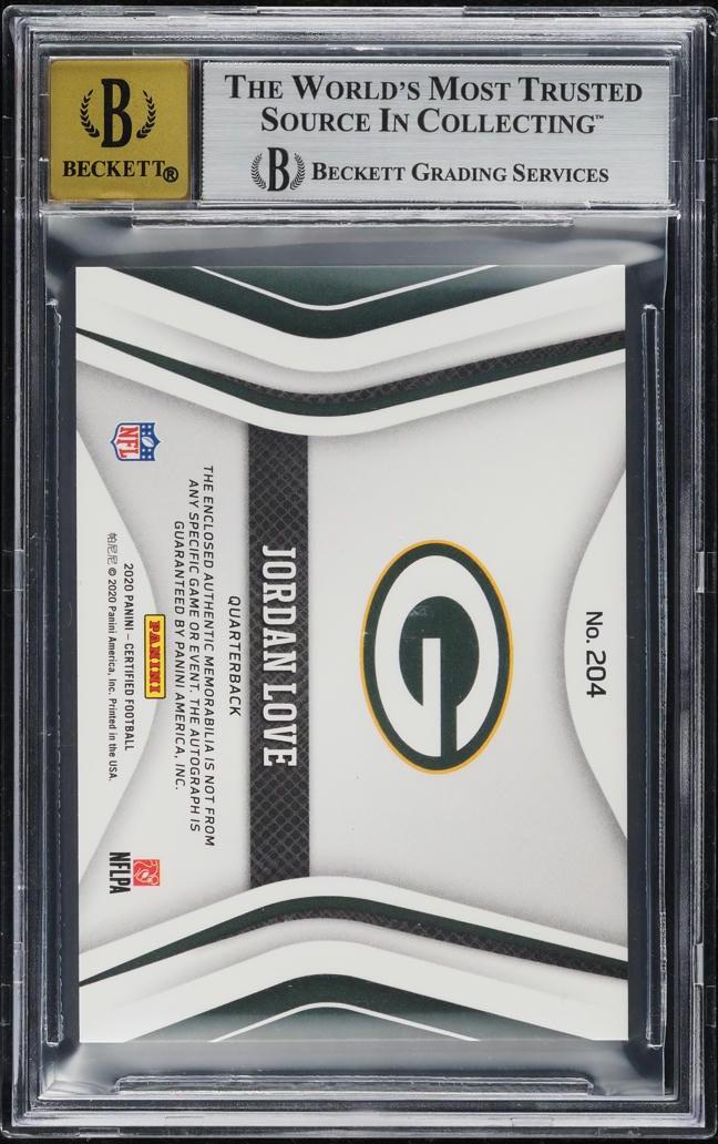Back of 2020 Panini Certified Jordan Love Freshman Fabric Jersey Autograph Mirror Red