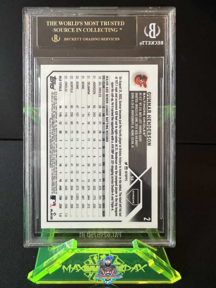 Back of 2023 Topps Chrome Magenta Speckle Refractor Gunnar Henderson #2 /350