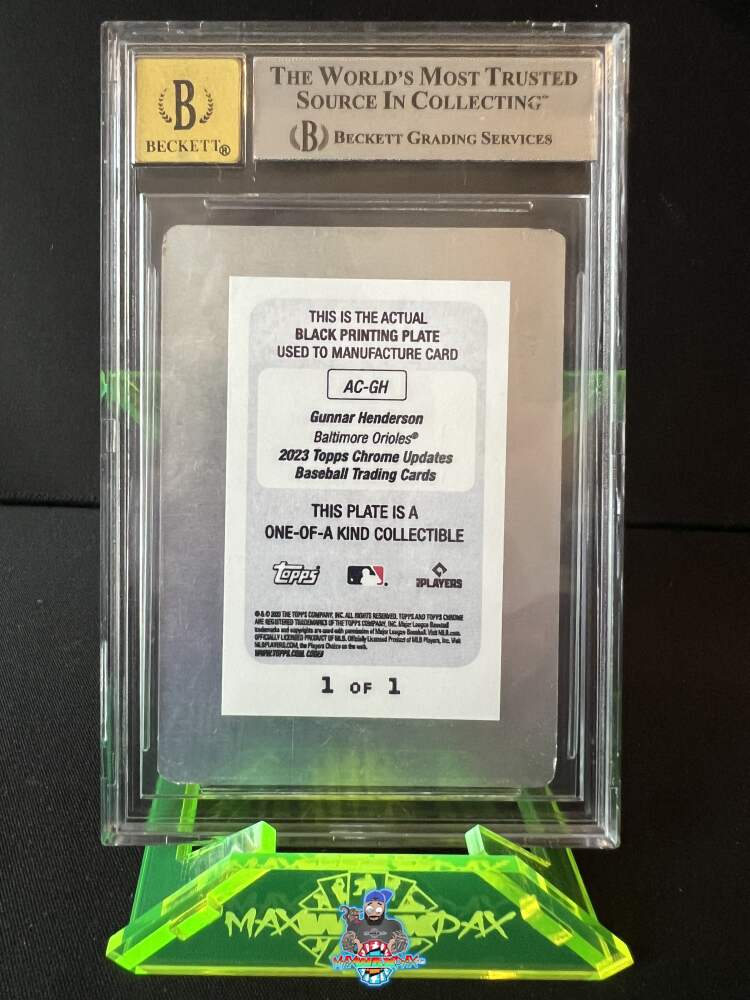 Back of 2023 Topps Chrome Update Autograph Black Printing Plate Gunnar Henderson #ACGH /1