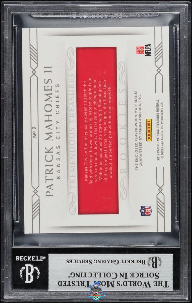 Back of 2017 National Treasures Rookie Tremendous Treasures Material Patrick Mahomes II #2 /99