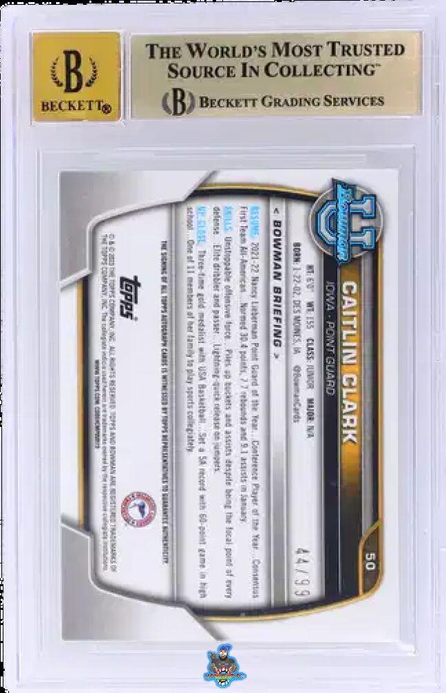 Back of 2022 Bowman Chrome University Prospect Autograph Green Refractor Caitlin Clark #50 /99