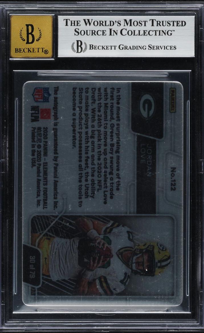 Back of 2020 Panini Elements Jordan Love Gold
