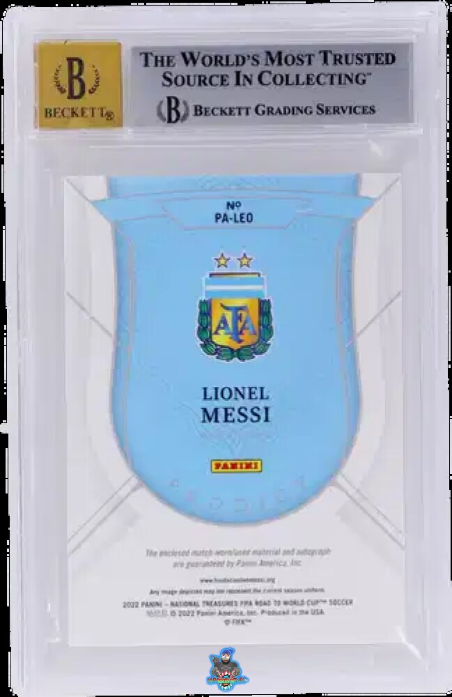 Back of 2022 National Treasures Road To the World Cup Prodigy Memorabilia Autograph Sapphire Lionel Messi #PALEO /10