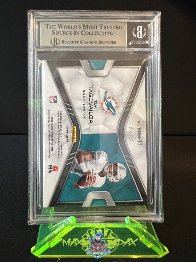 Back of 2020 Panini Spectra Rising Rookie Material Gold Laundry Tag NFL Shield Prizm Tua Tagovailoa #2 /1