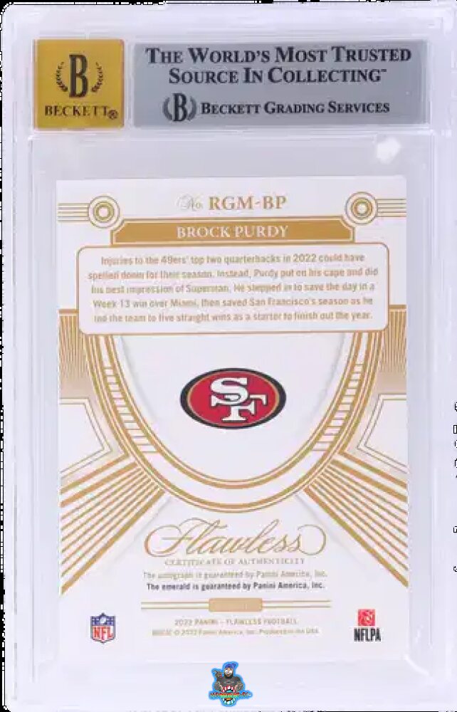 Back of 2022 Panini Flawless Autograph Emerald Brock Purdy #96 /5