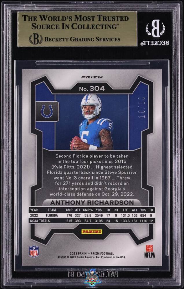 Back of 2023 Panini Prizm SP Variation Gold Prizm Anthony Richardson #304 /10