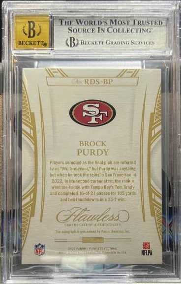 Back of 2022 Panini Flawless Rookie Debut Signature Ruby Brock Purdy #RDS-BP /15