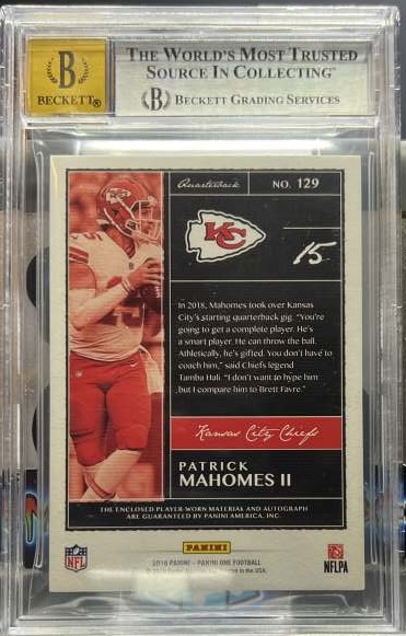 Back of 2018 Panini One Red Jersey Patch Autograph Platinum Patrick Mahomes II #129 /5