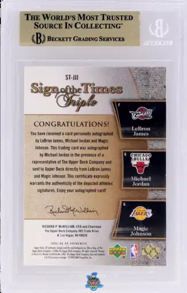 Back of 2005 SP Authentic Sign of the Times Triple LeBron James/Michael Jordan/Magic Johnson #STJJJ /15