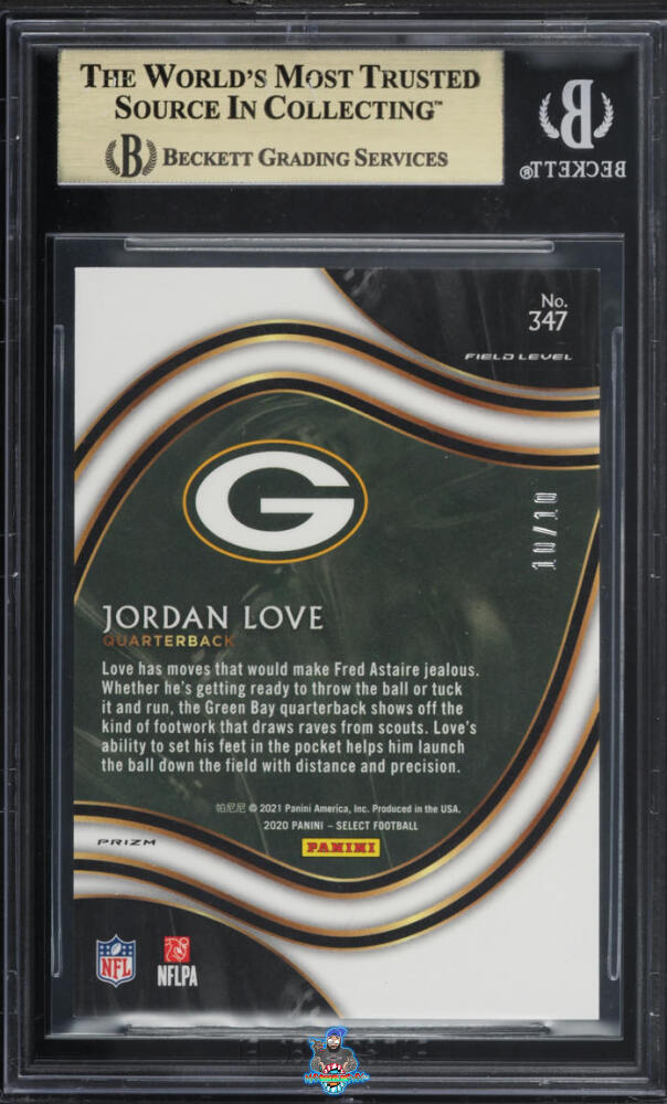 Back of 2020 Panini Select Field Level Gold Prizm Jordan Love #347 /10