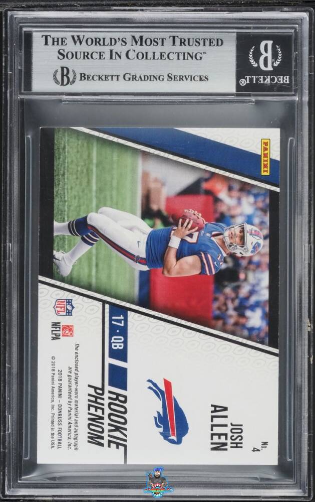 Back of 2018 Panini Donruss Rookie Phenom Jersey Autograph Laundry Tag NFL Shield Josh Allen #4 /1