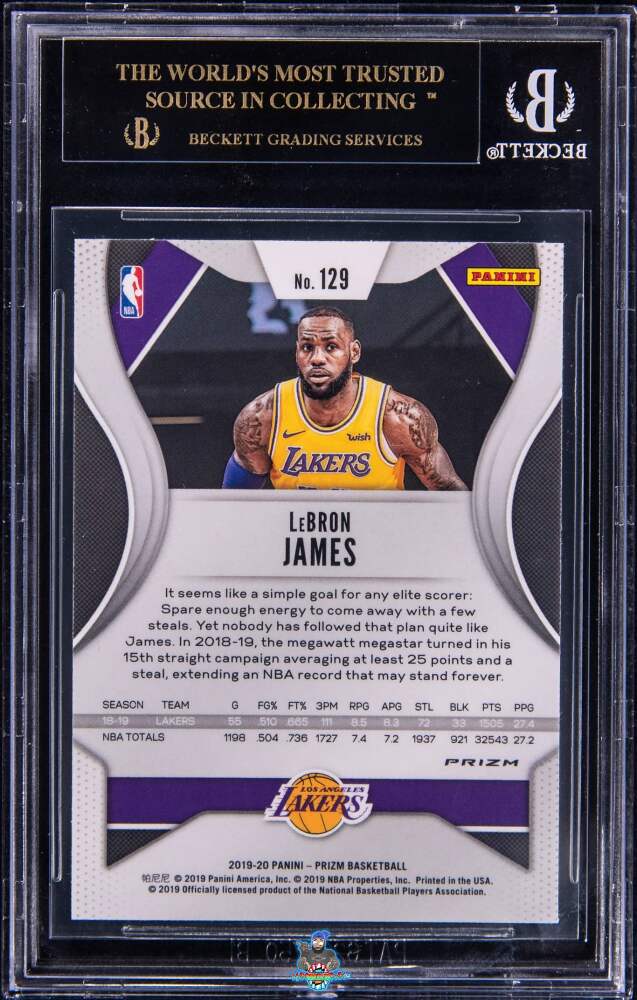 Back of 2019 Panini Prizm Tiger Stripe Choice Prizm LeBron James #129