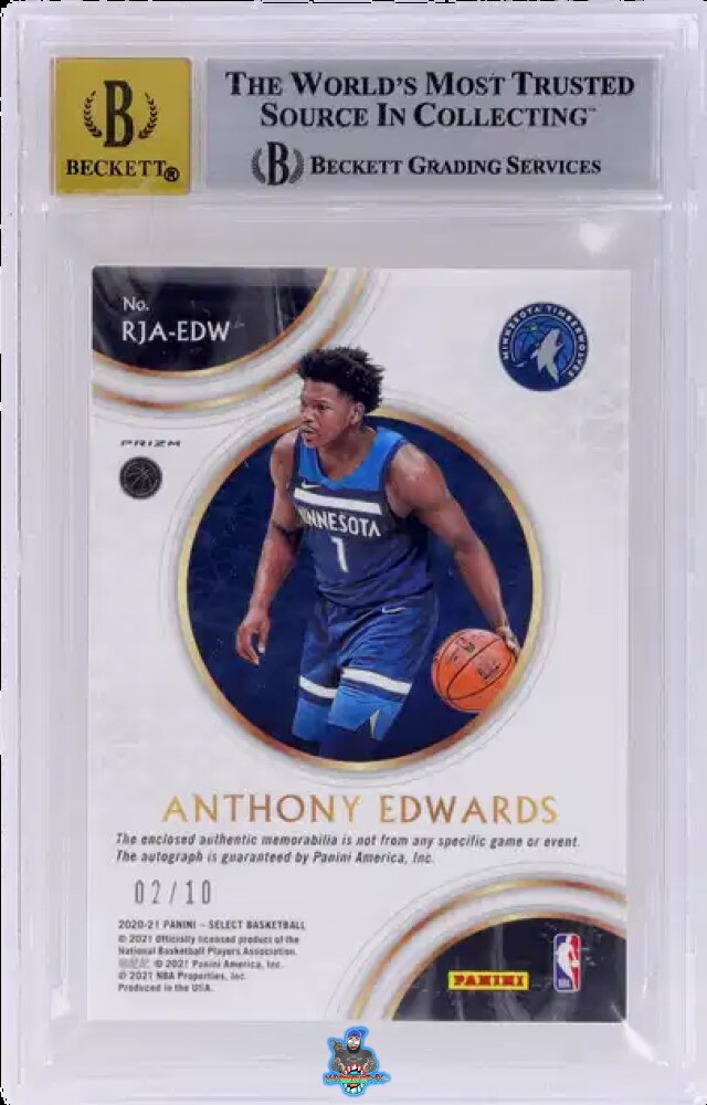 Back of 2020 Panini Select Rookie Jersey Autographs Gold Disco Prizm Anthony Edwards #1 /10