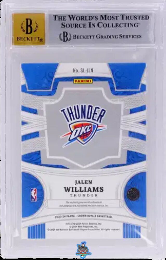 Back of 2023 Panini Crown Royale Silhouettes Material Autograph Jalen Williams #SLJLN /99