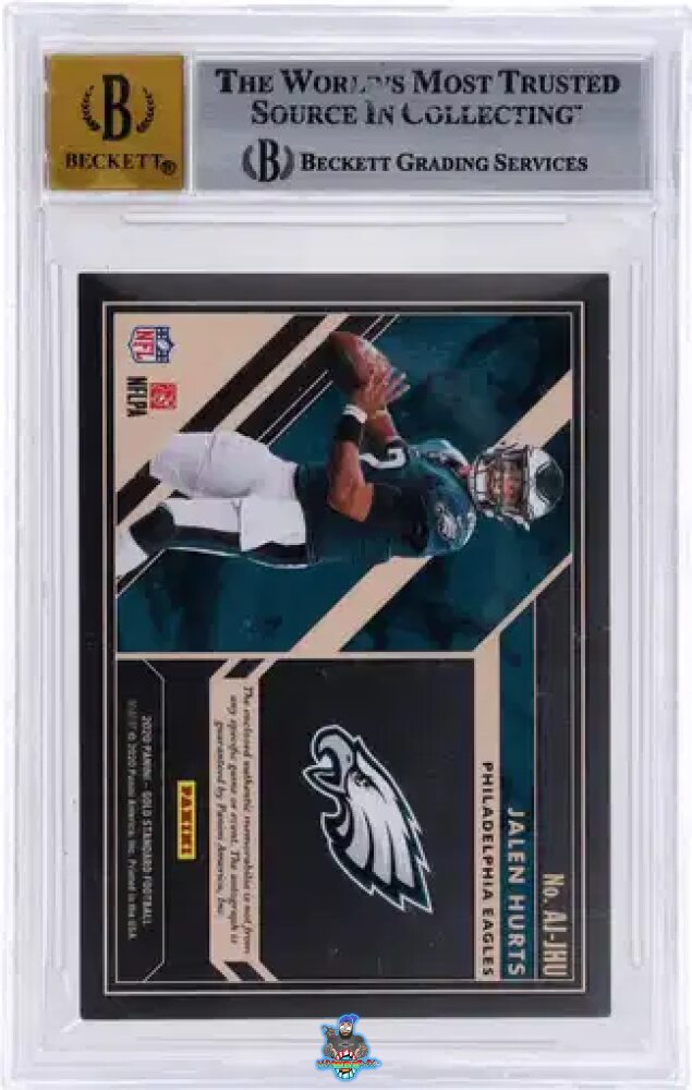 Back of 2020 Panini Gold Standard Rookie Jersey Autograph Jumbo Jalen Hurts #AJJHU /99