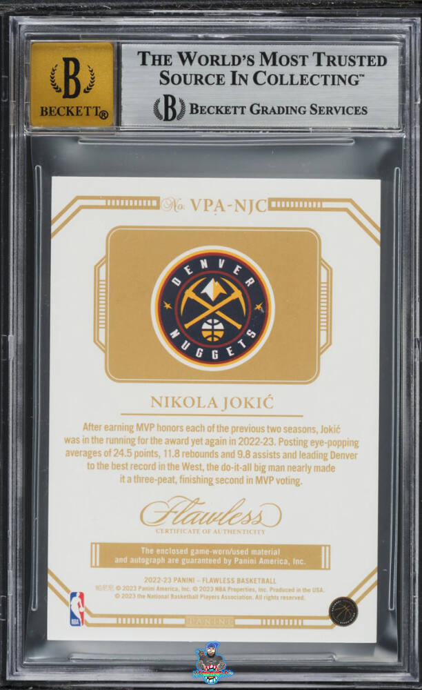 Back of 2022 Panini Flawless Vertical Patch Autograph Ruby Nikola Jokic #VPANJC /15