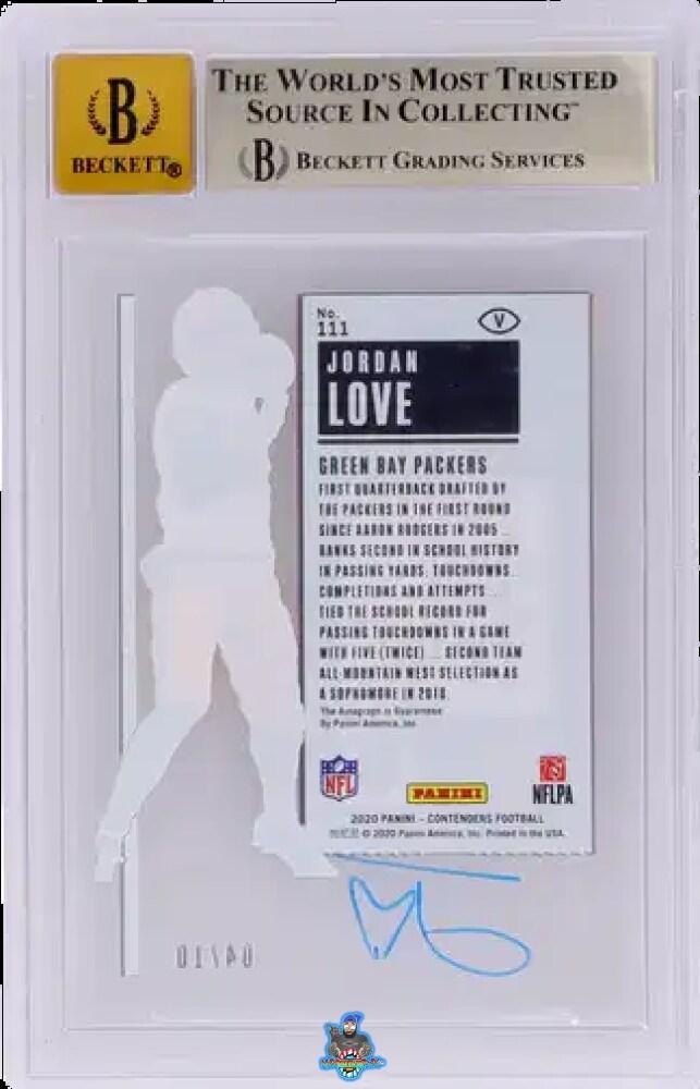 Back of 2020 Panini Contenders Team Helmet Variation Clear Rookie Ticket Autograph Jordan Love #111B /10