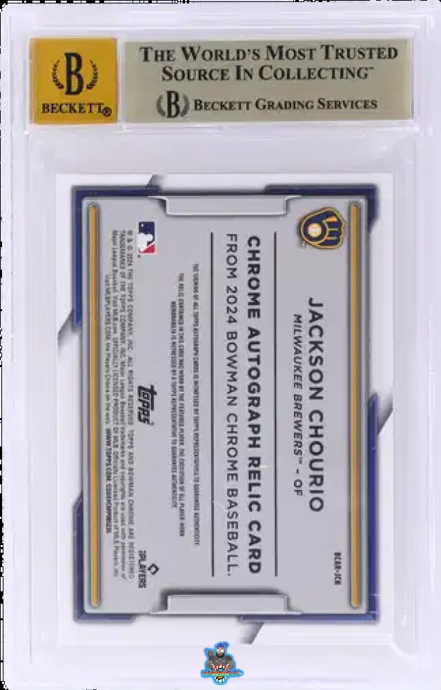 Back of 2024 Bowman Chrome Autograph Relic Orange Refractor Jackson Chourio #BCARJCH /25