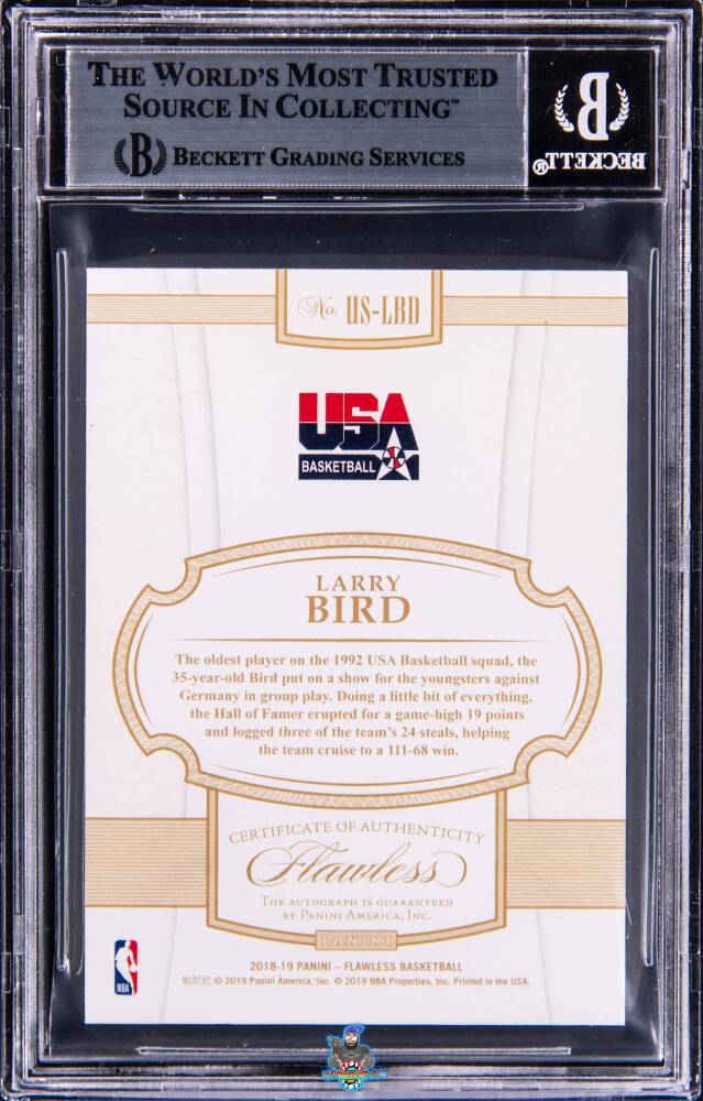 Back of 2018 Panini Flawless USA Basketball Autographs Platinum Larry Bird #3 /1
