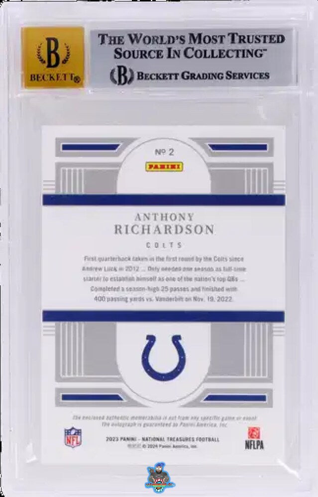 Back of 2023 National Treasures Rookie Material Signature Laundry Tag Red Anthony Richardson #2 /1