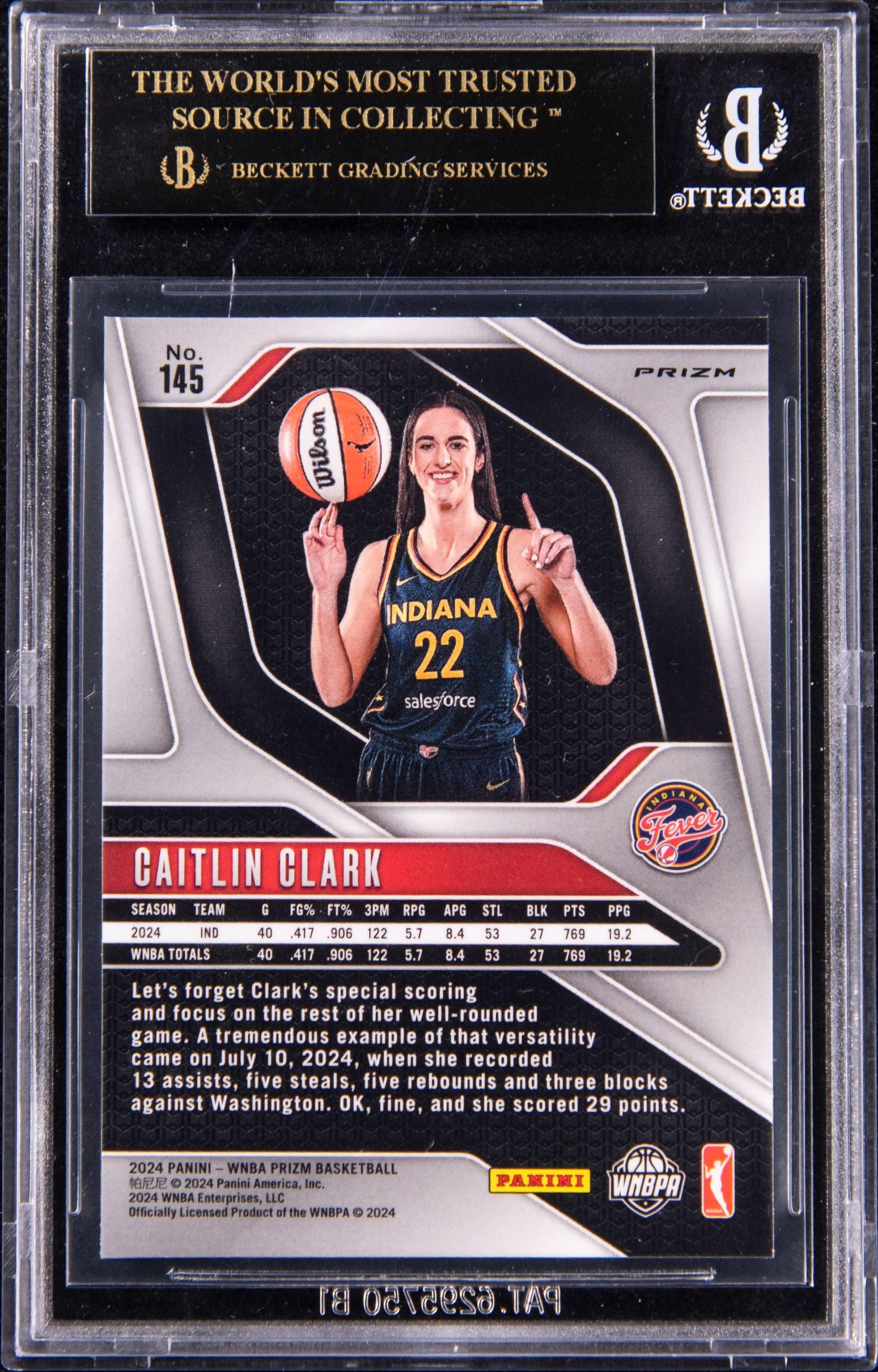 Back of 2024 Panini Prizm WNBA Green Prizm Caitlin Clark #145