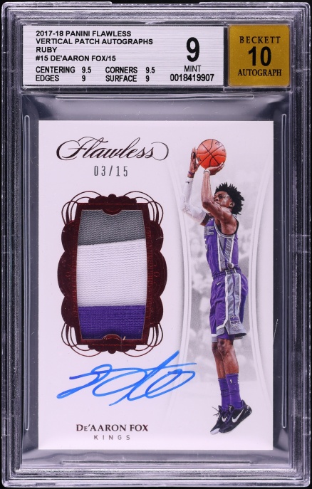 2017 Panini Flawless Vertical Ruby De'Aaron Fox PATCH AUTO /15 #VP-DF BGS 9 MINT