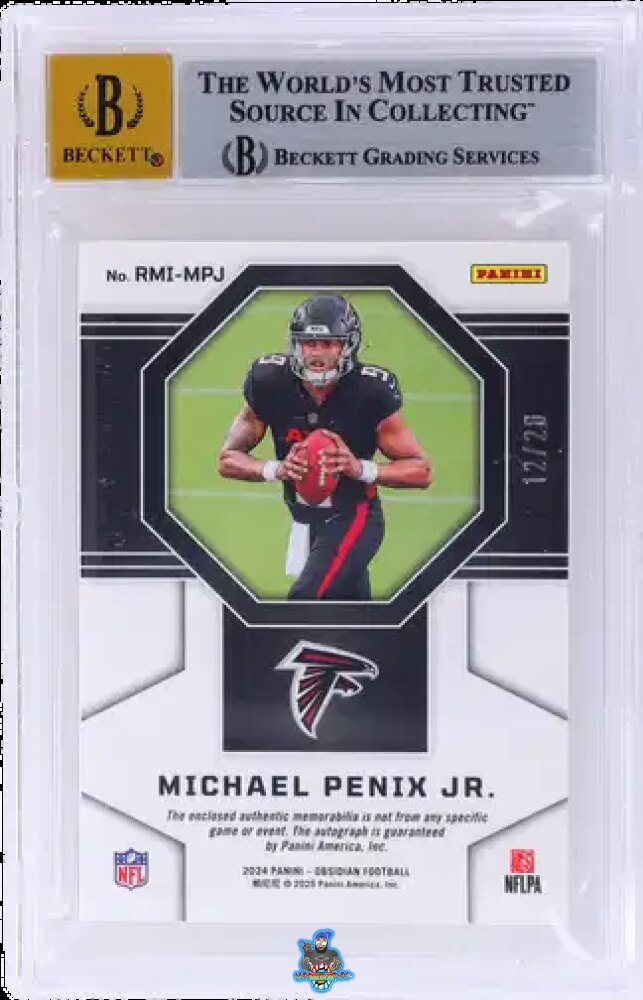 Back of 2024 Panini Obsidian Rookie Materials Ink Molten Fotl Michael Penix Jr. #RMIMPJ /28
