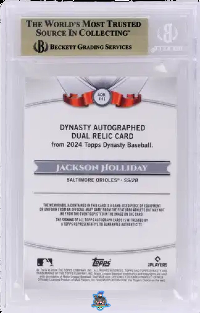 Back of 2024 Topps Dynasty Dual Relic Autograph Jackson Holliday #ADRJH1 /5