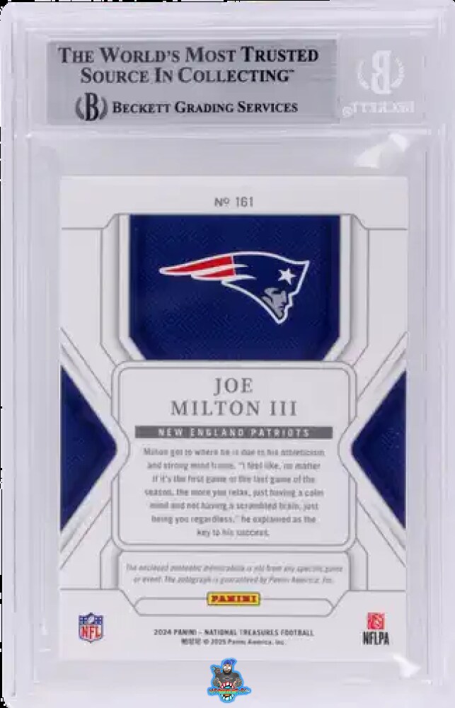 Back of 2024 National Treasures Patch Autograph Holo Gold Joe Milton III #161 /10