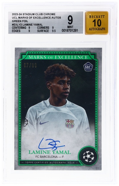 2023 Stadium Club Chrome UEFA Champions League Marks of Excellence Autograph Green Foil Lamine Yamal #EXLY2 /99