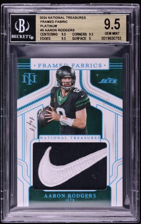 2024 National Treasures Framed Fabric Platinum Aaron Rodgers NIKE LOGO PATCH 1/1 #FFARS BGS 9.5
