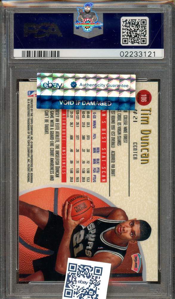 Back of 1997 Bowman's Best Atomic Refractor Tim Duncan #106