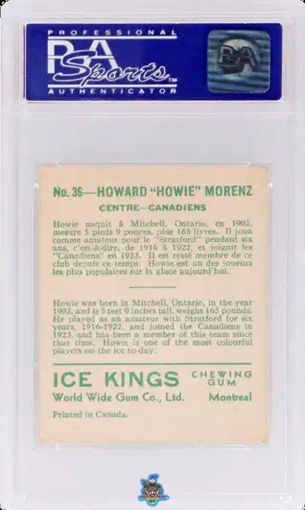 Back of 1933 World Wide Gum Ice Kings Howie Morenz #36