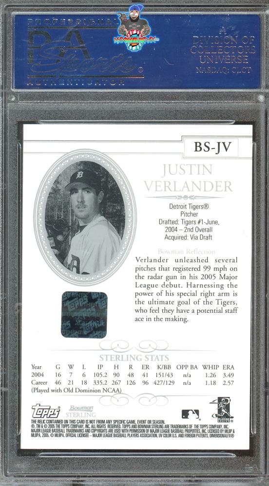 Back of 2005 Bowman Sterling Autograph Relic Justin Verlander #JV