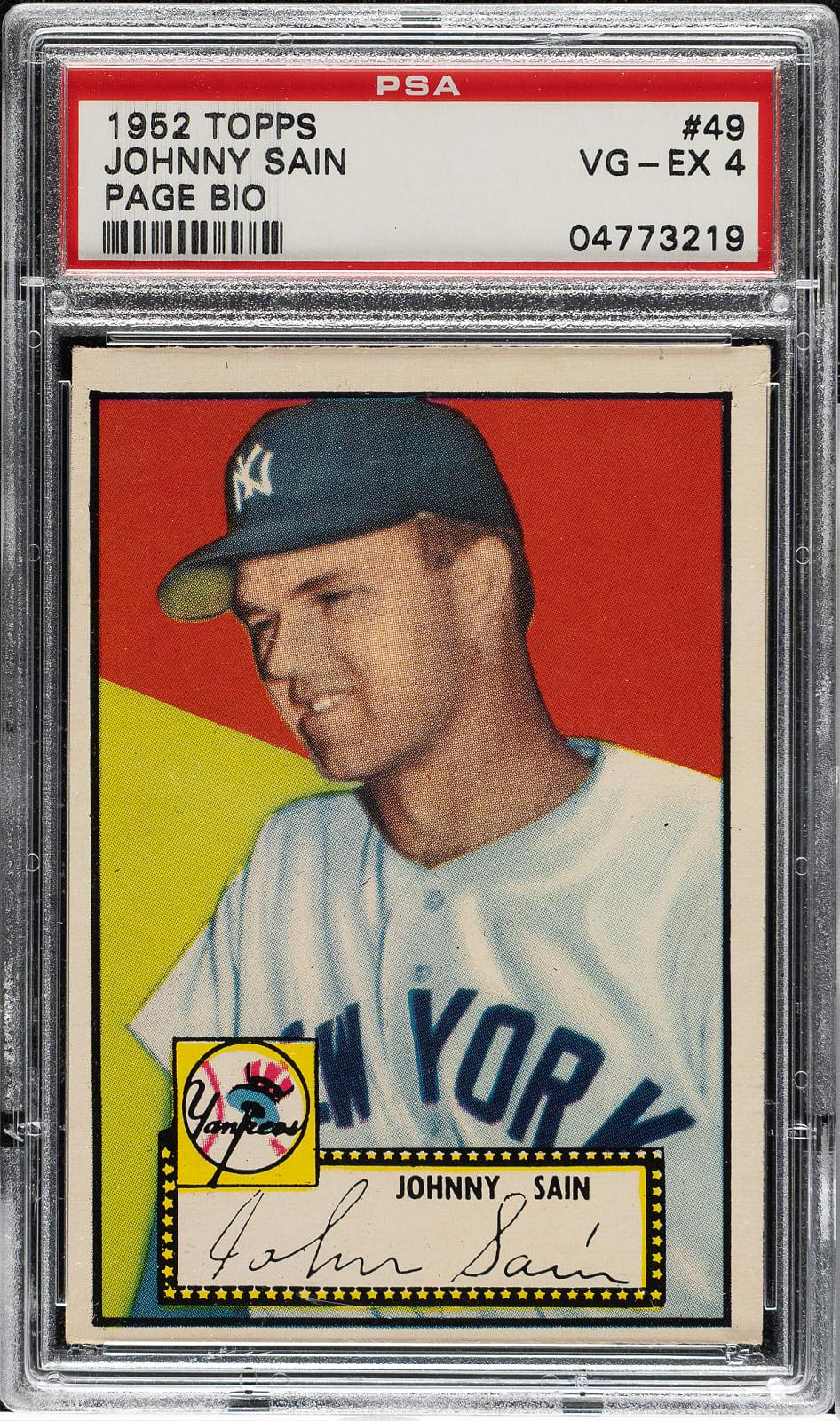 Lot # 1793: 1952 Topps #49 Johnny Sain Correct Bio Black Back PSA VG-EX 4