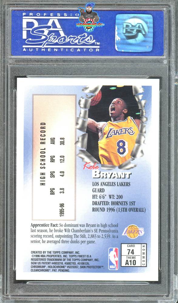 Back of 1996 Topps Finest Apprentices Bronze With Coating Kobe Bryant #74