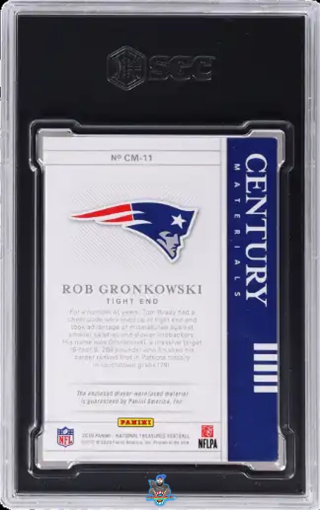 Back of 2019 Panini National Treasures Century Mat. Platinum 1/1 Rob Gronkowski #CM-11
