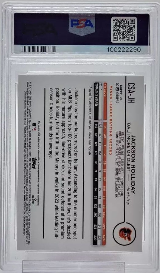 Back of 2024 Topps Sapphire Chrome Autograph Orange Jackson Holliday #CSAJH /25