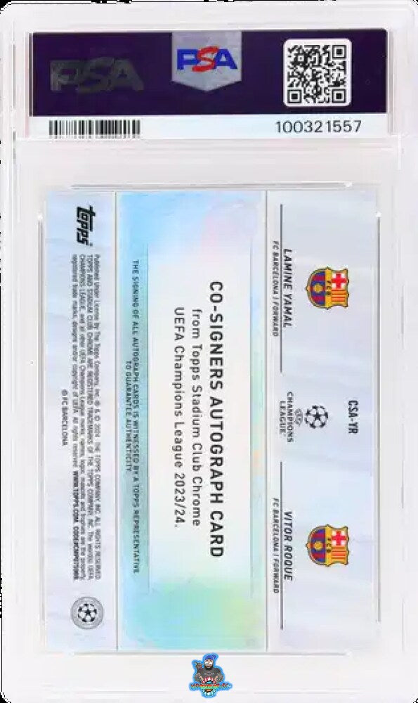 Back of 2023 Topps Stadium Club Chrome UEFA Club Competitions Co-Signers Autograph Lamine Yamal/Vitor Roque #CSAYR