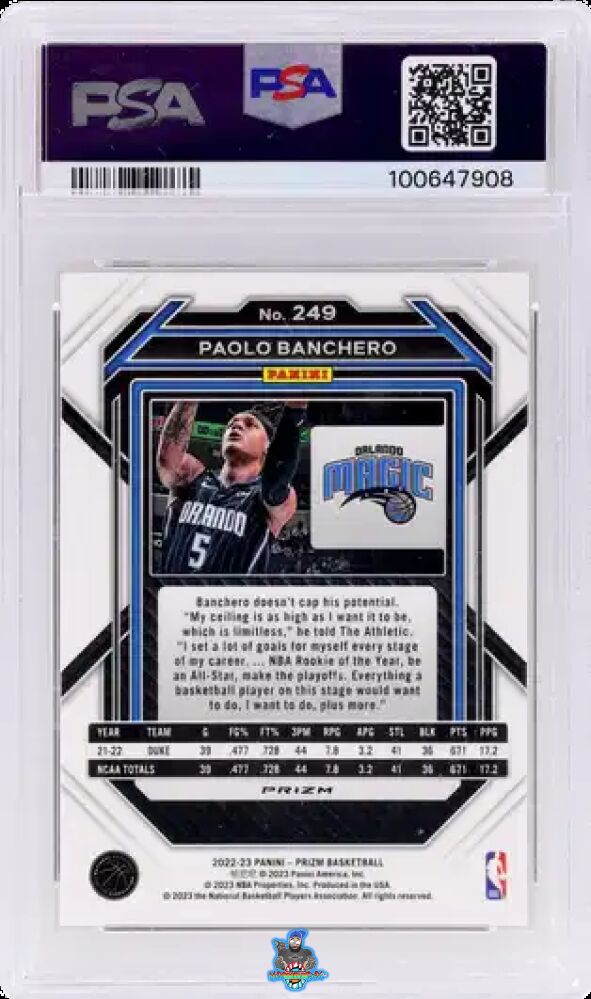 Back of 2022 Panini Prizm Red Sparkle Prizm Paolo Banchero #249