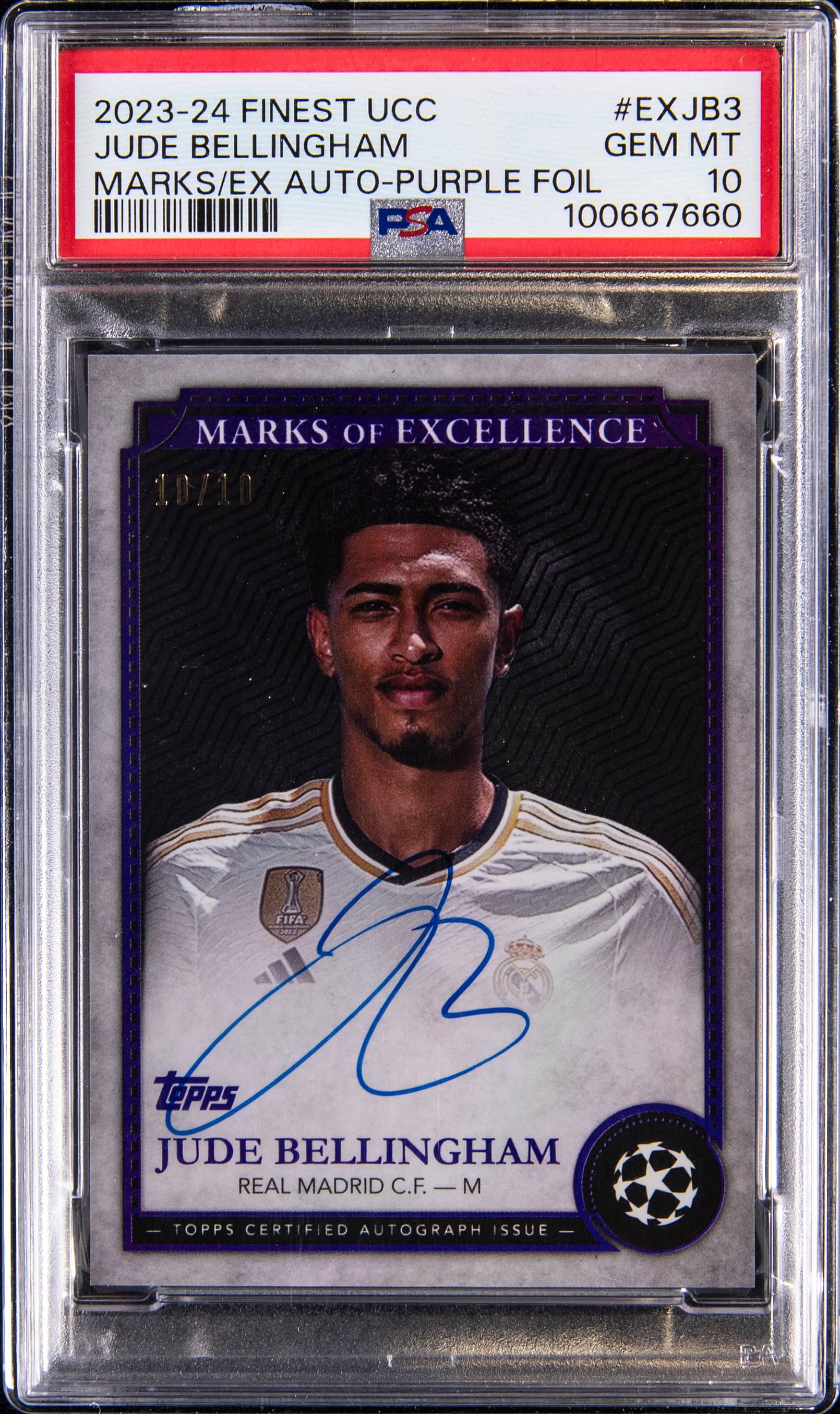 2023 Topps Finest UEFA Club Competitions Marks of Excellence Autographs M/E Auto-Purple Foil Jude Bellingham #EXJB3