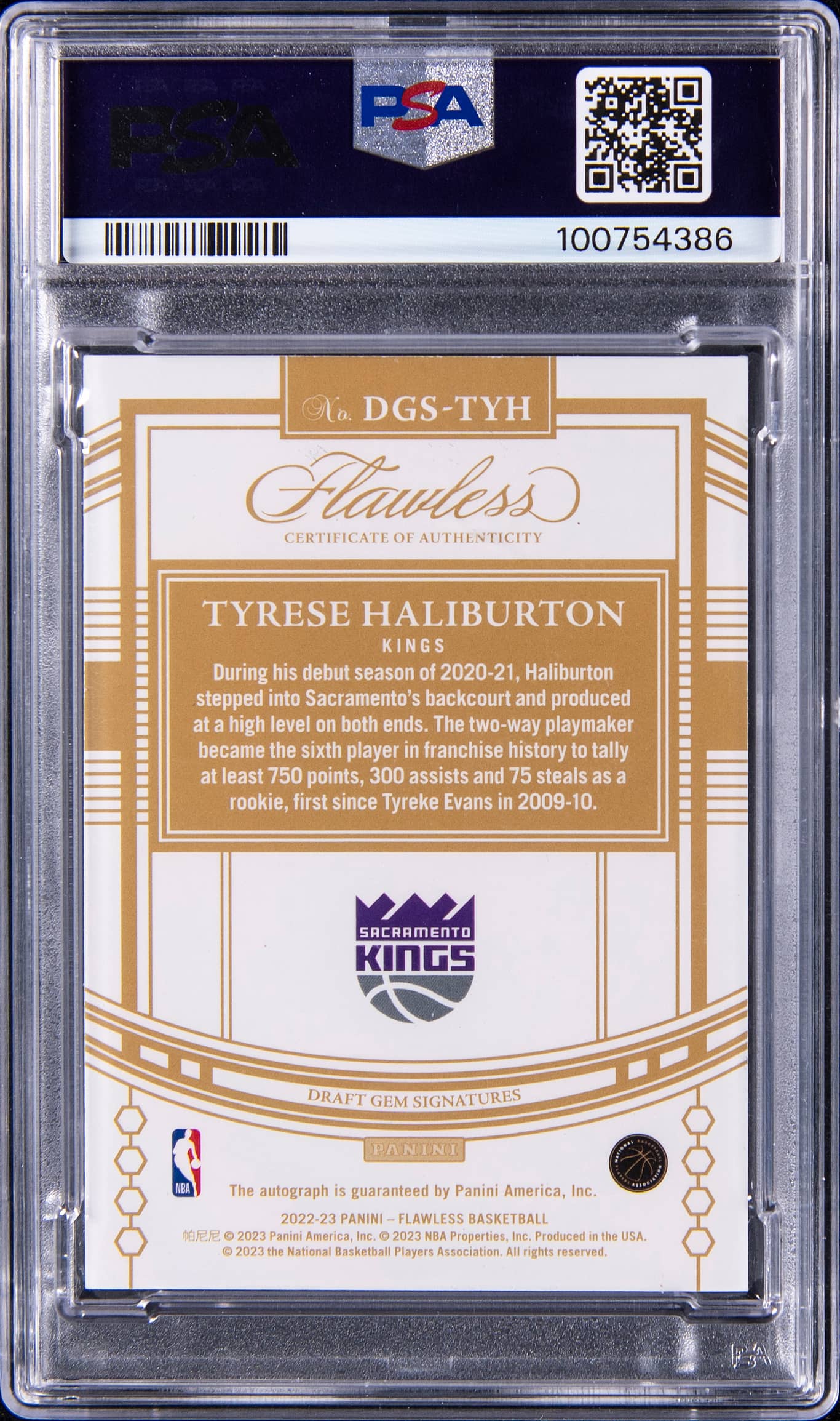 Back of 2022 Panini Flawless Draft Gem Signatures Draft Gem Sig-Platinum 1/1 Tyrese Haliburton #DGSTYH