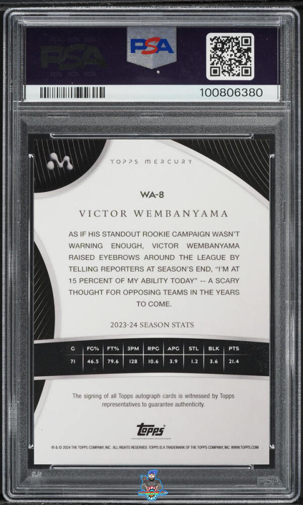 Back of 2023 Topps Mercury: Victor Wembanyama Autographs Autograph-Black Refractor Victor Wembanyama #WA8