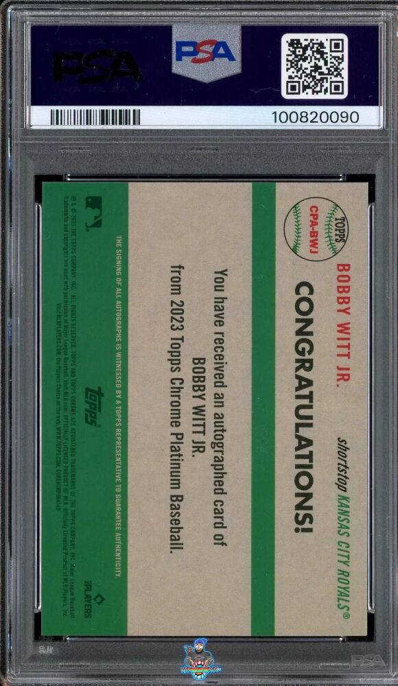 Back of 2023 Topps Chrome Platinum Anniversary Autograph Orange Refractor Bobby Witt Jr. #CPA-BWJ /25